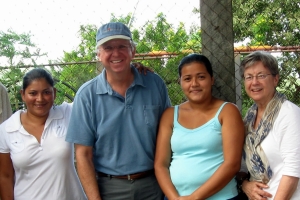 Dave in Nicarague with classmate Donna Allen, and two beneficiaries of a Project Redwood grant to Compatible Technology International