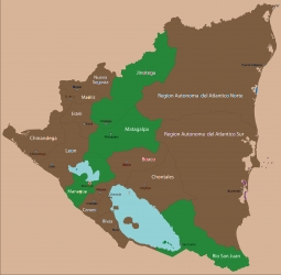 Areas of Nicaragua visited by the Project Redwood team (noted in green).