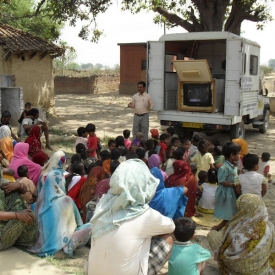 An IVC mobile clinic takes healthcare education to poor rural villages in India's Uttar Predesh.